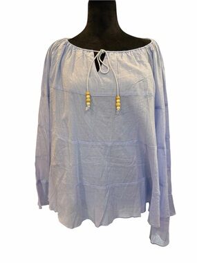NEW Easel Light Blue Peasant Tie-Neck Blouse top boho festival flowy cottage S